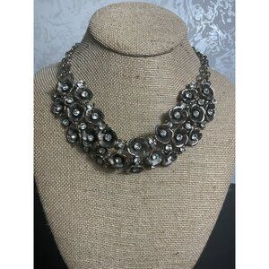 Floral Statement Necklace With Rhinestones & Silver-Tone Chain